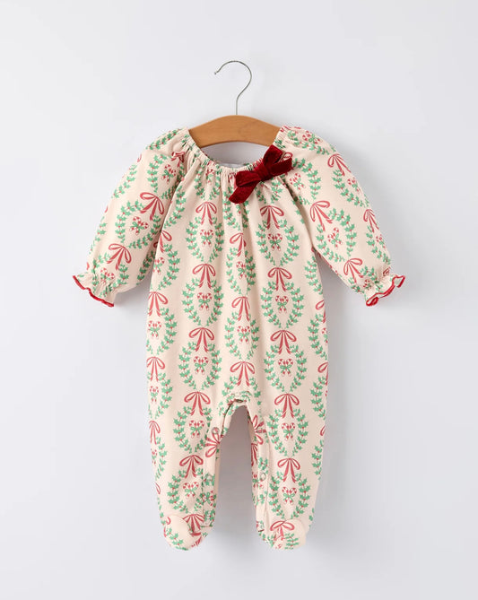 Christmas Wreath Print Baby Girls Romper Long Sleeve Holiday Outfit