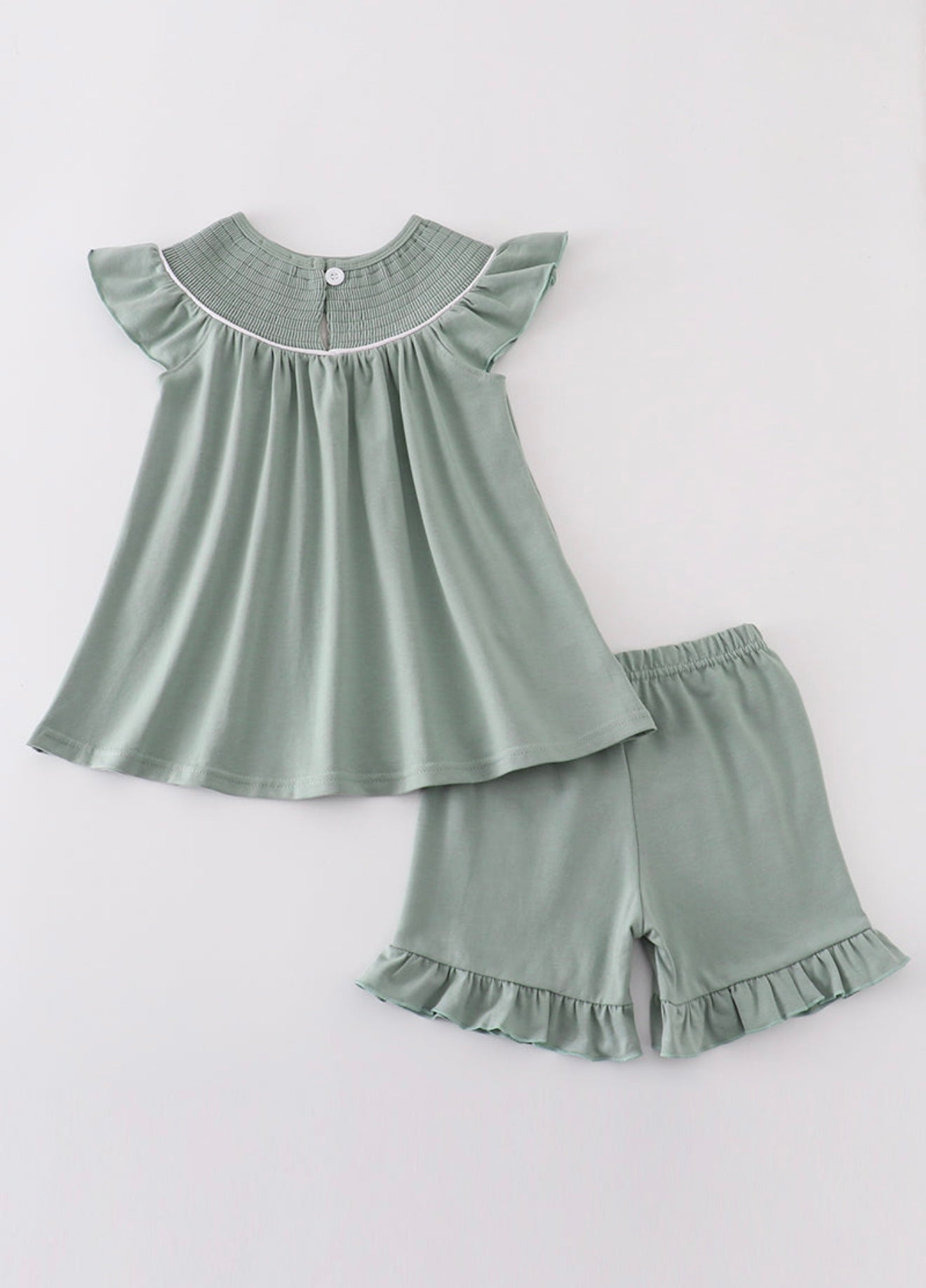Sage sand dollar embroidery smocked ruffle shorts set