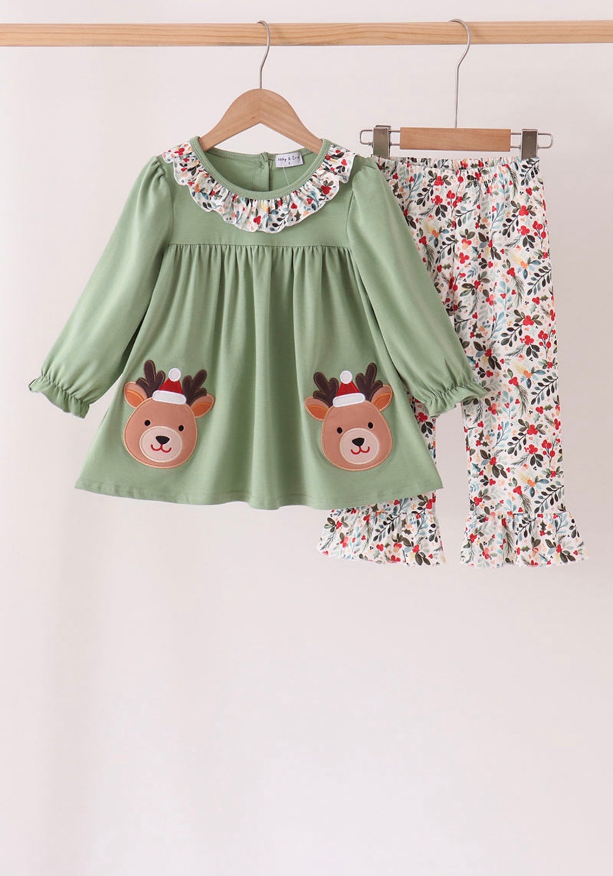 Sage Reindeer Applique Floral Ruffle Pants Set