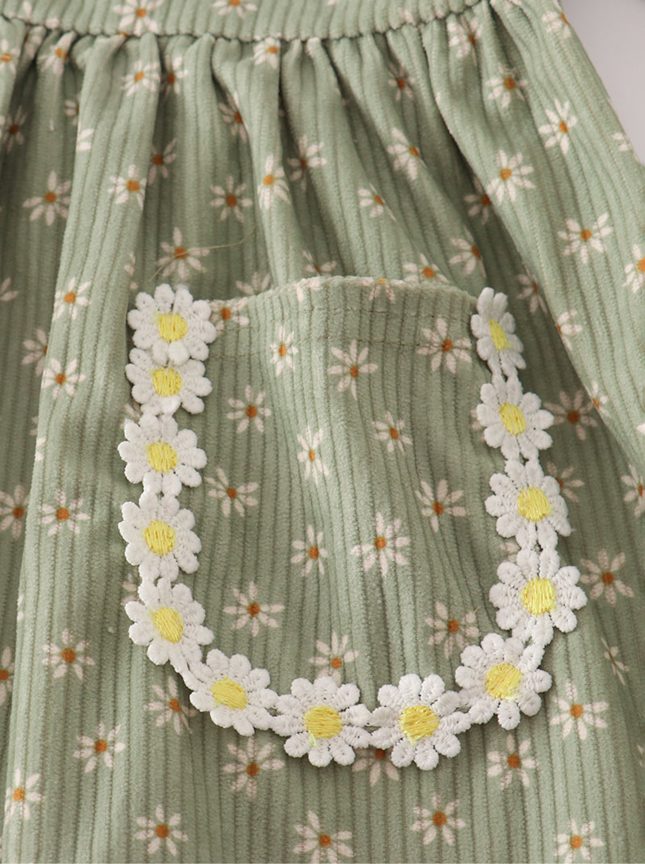 Green corduroy floral lace girl ruffle dress