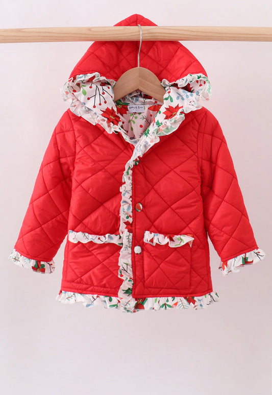 Girl’s red floral print quilted jacket