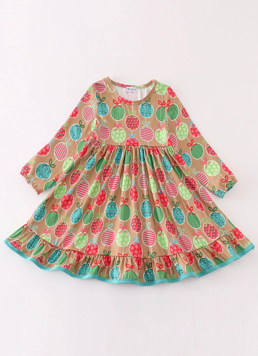 Green Christmas Ornaments Print Dress