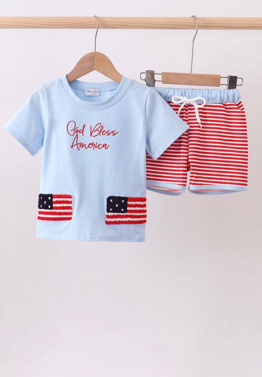 Blue God Bless America flag french knot shorts set