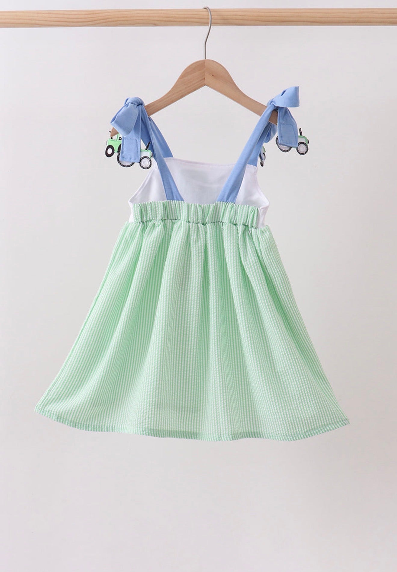 Green tractor appliqué seersucker dress