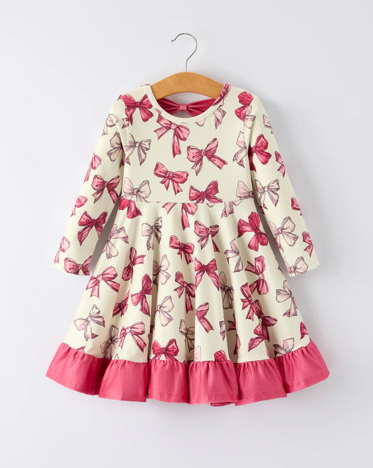 Girls Long Sleeve Dress with Pink Bow Print and Ruffle Hem