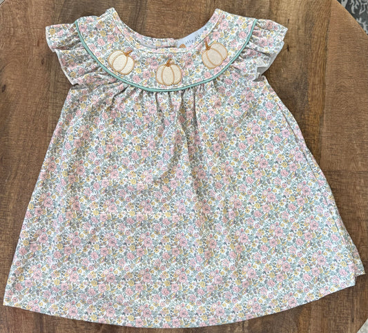 Pink floral print pumpkin embroidery girl dress
