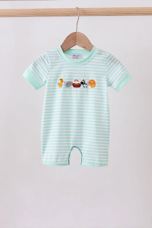 Green stripe Noah's Ark french knot romper