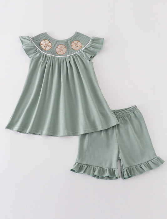 Sage sand dollar embroidery smocked ruffle shorts set