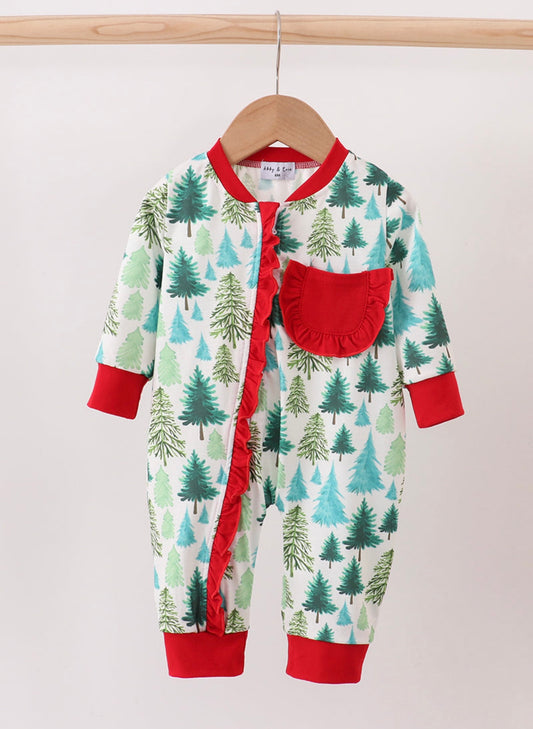 Green Christmas Tree Print Ruffle Girl Romper