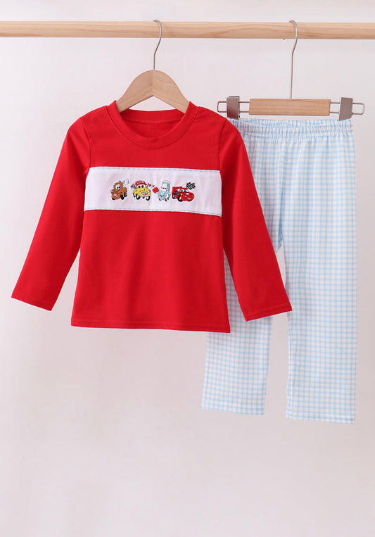 Red character embroidery boy’s pants set