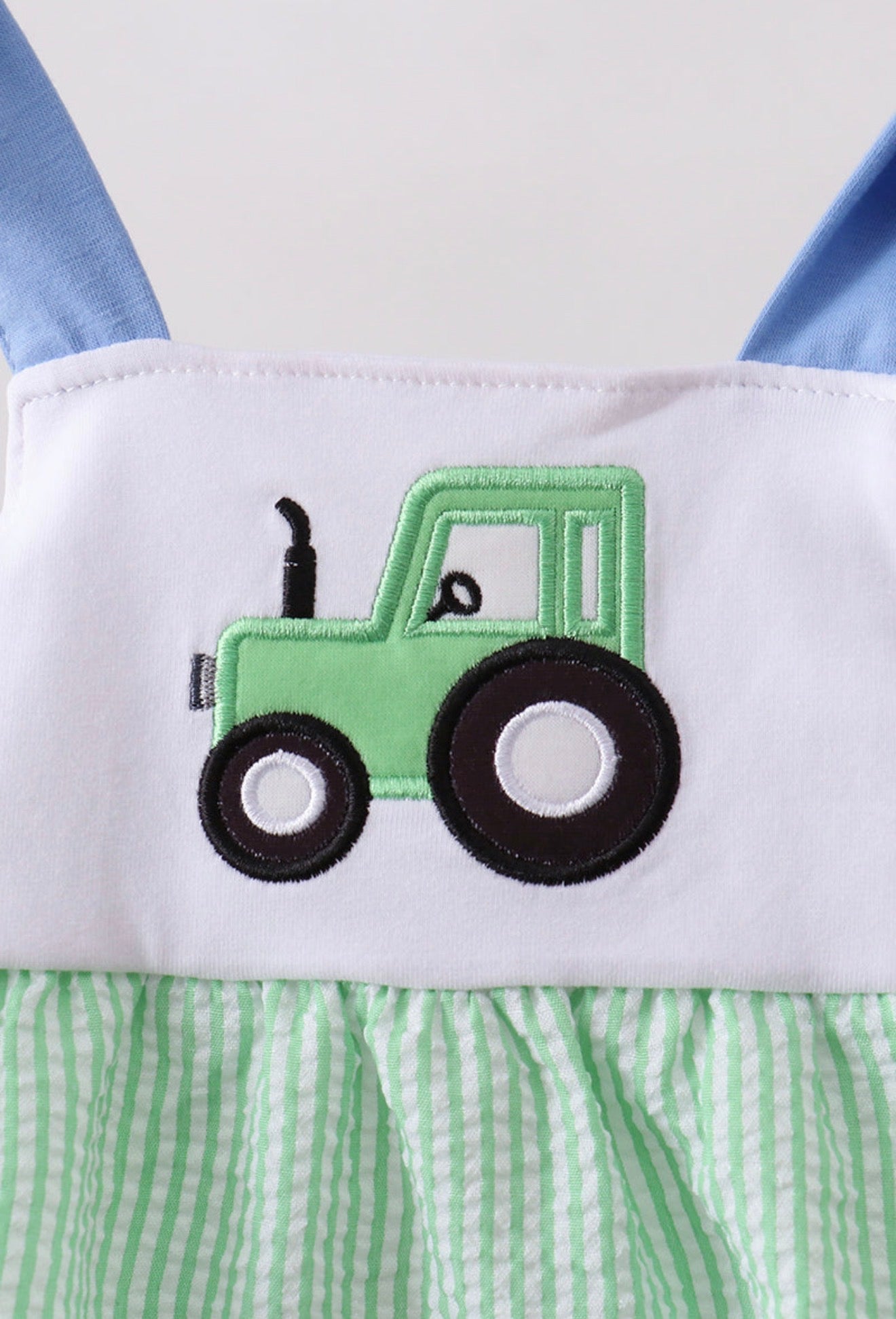 Green tractor appliqué seersucker bubble