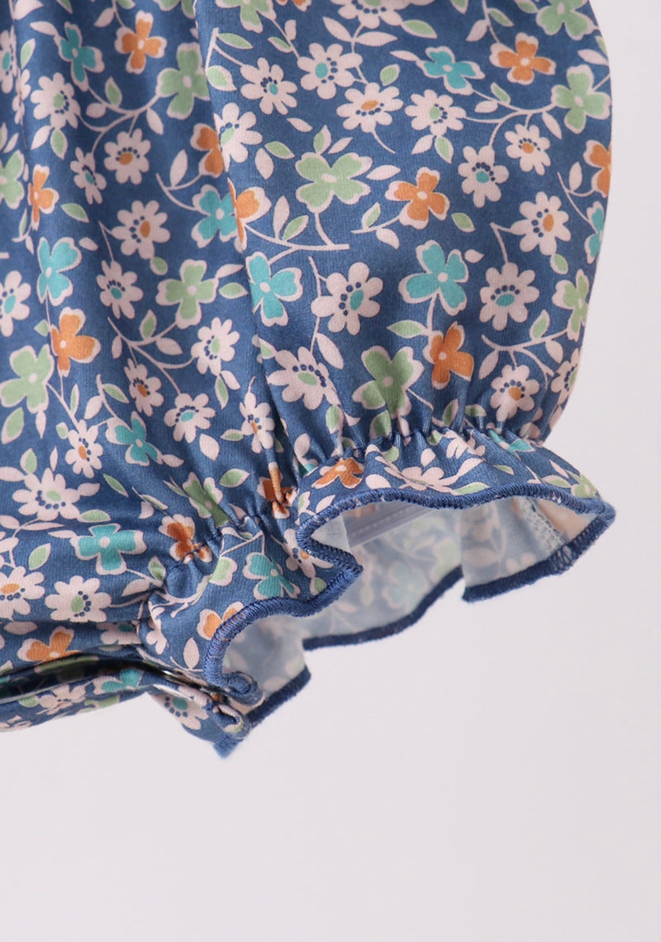 Navy floral smocked ruffle bubble