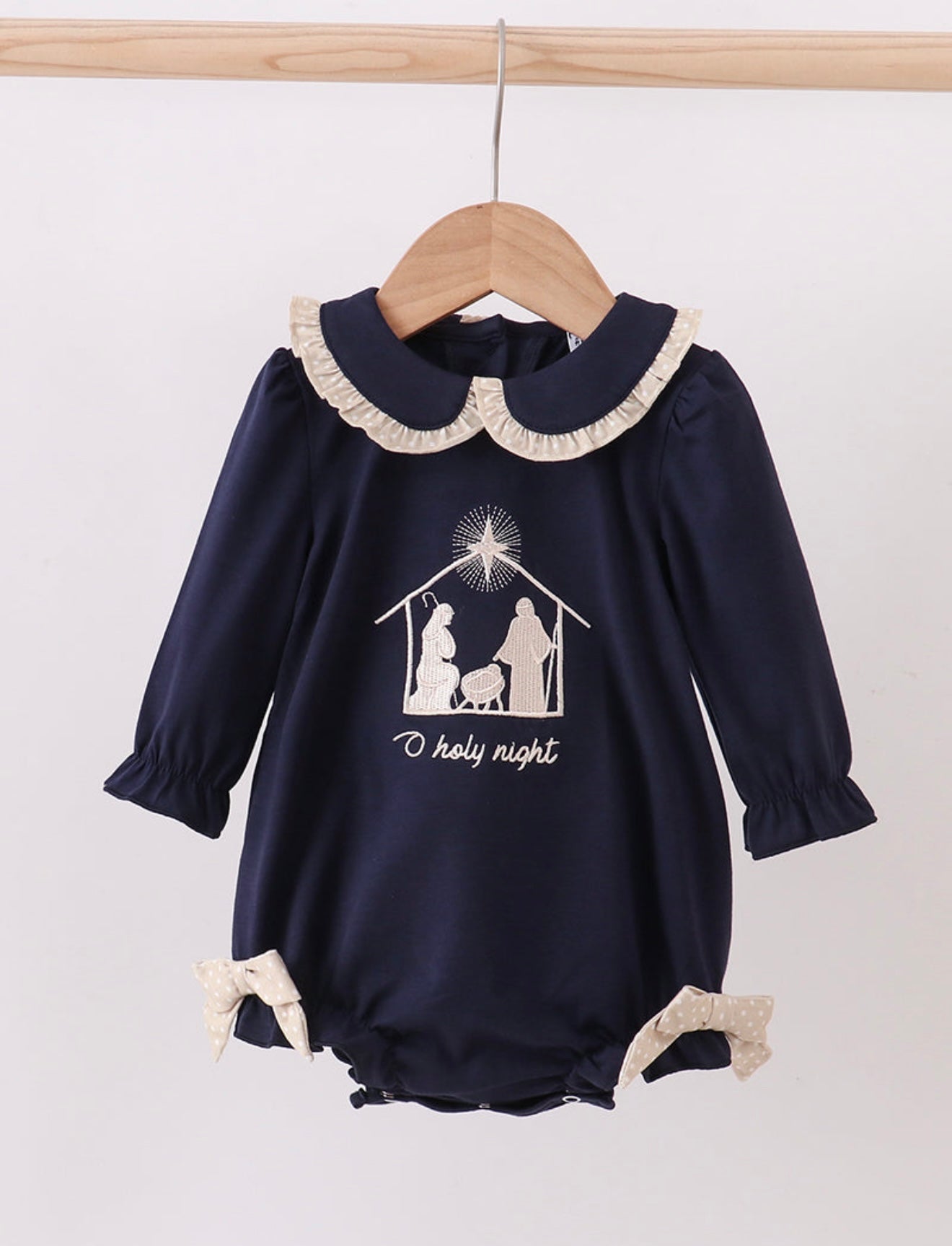 Navy nativity “Oh Holy Night” embroidery ruffle bubble