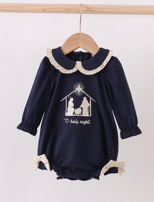 Navy nativity “Oh Holy Night” embroidery ruffle bubble