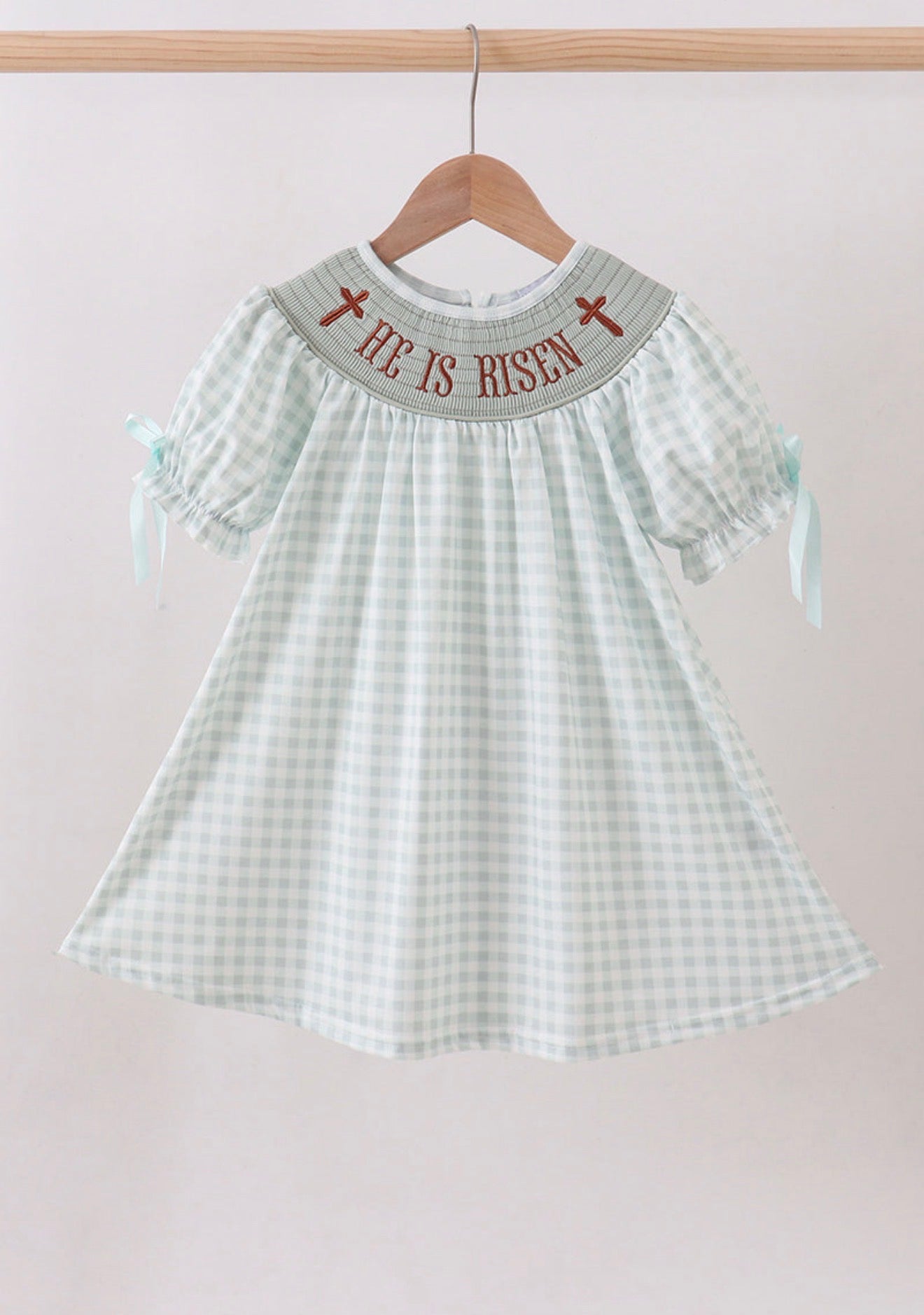 Sage He is risen smocked gingham girl’s dress