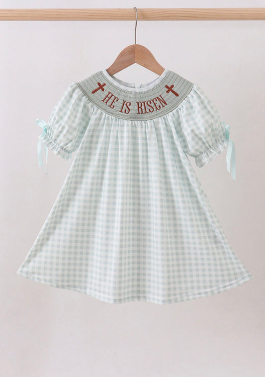 Sage He is risen smocked gingham girl’s dress