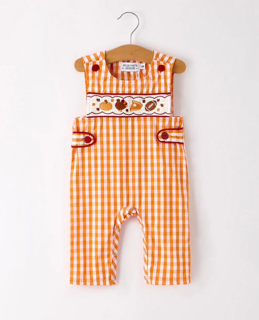 Fall Turkey Embroidered Romper for Baby Boys – Orange Checkered with Thanksgiving Details