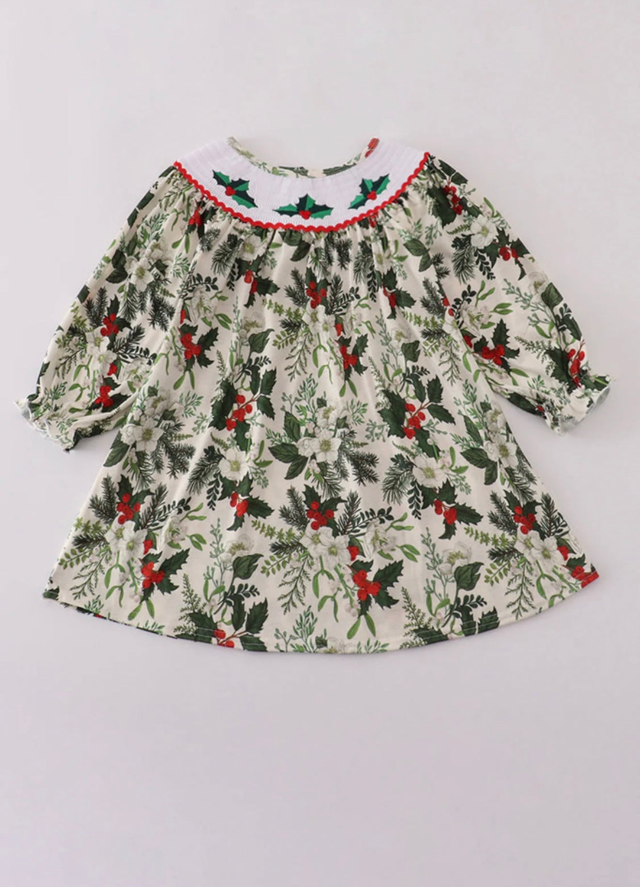 Green Holly Floral Smocked  Dress ￼