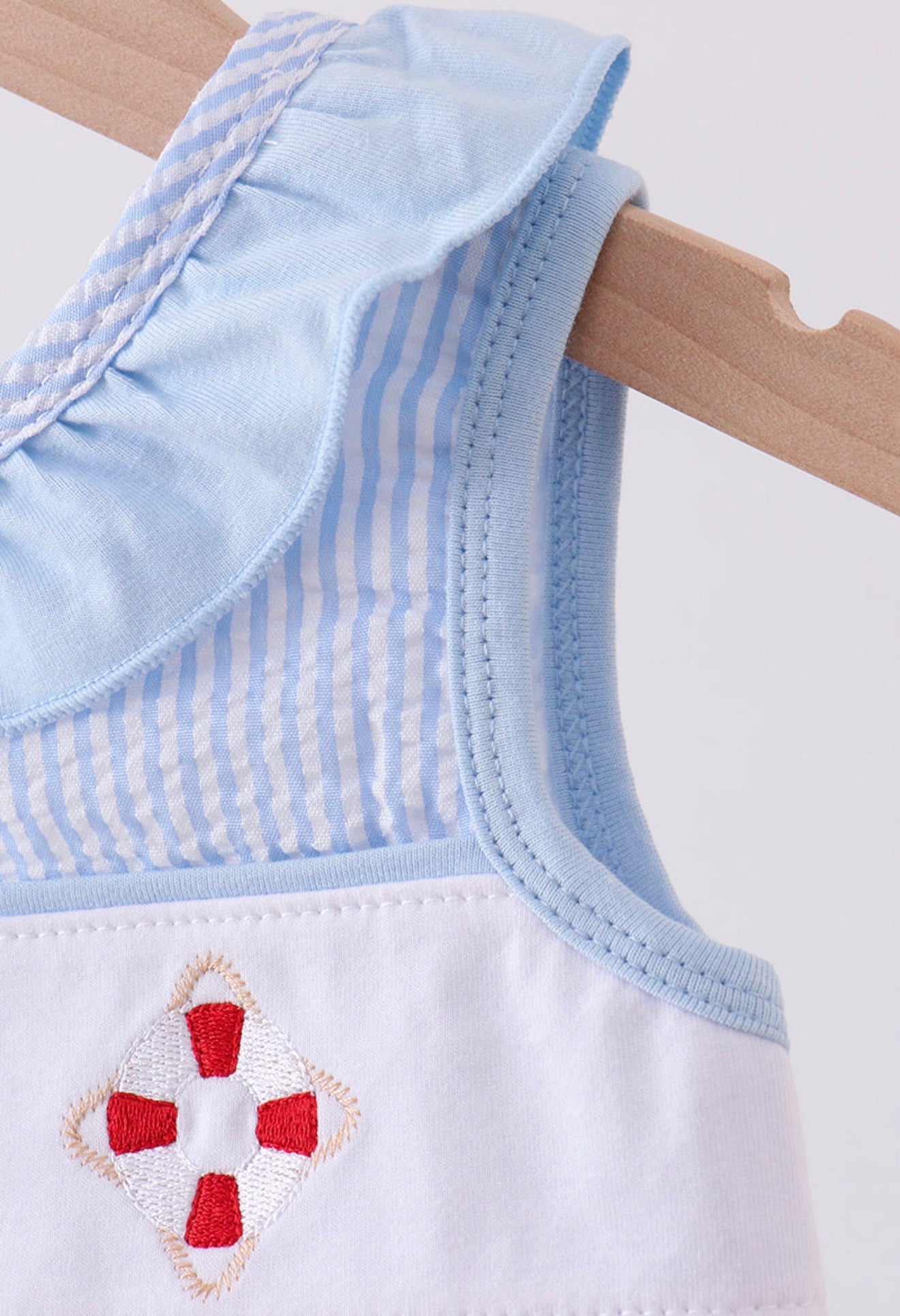 Blue nautical trio seersucker, embroidery ruffle bow bubble