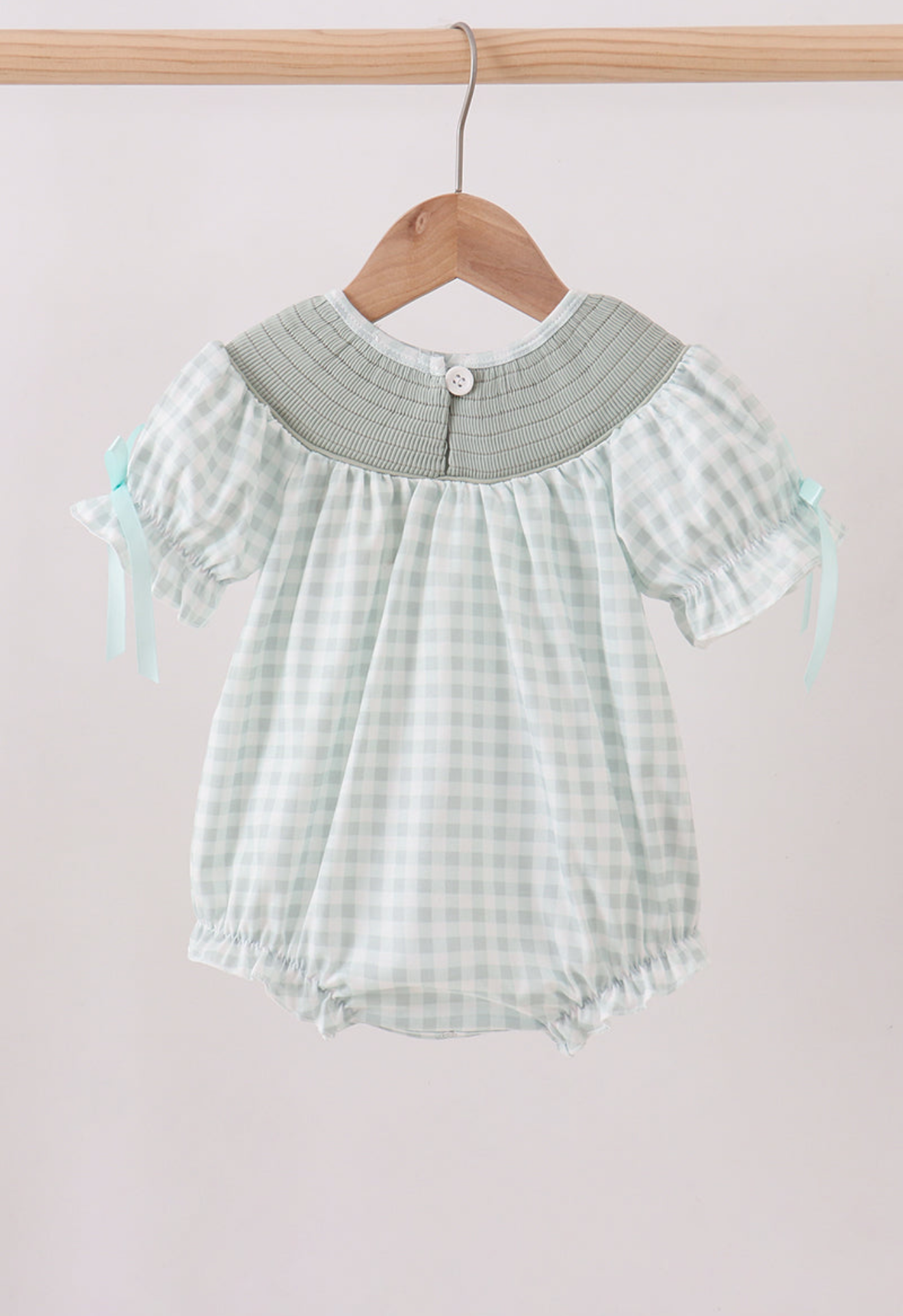 Sage He is Risen smocked girl’s gingham bubble