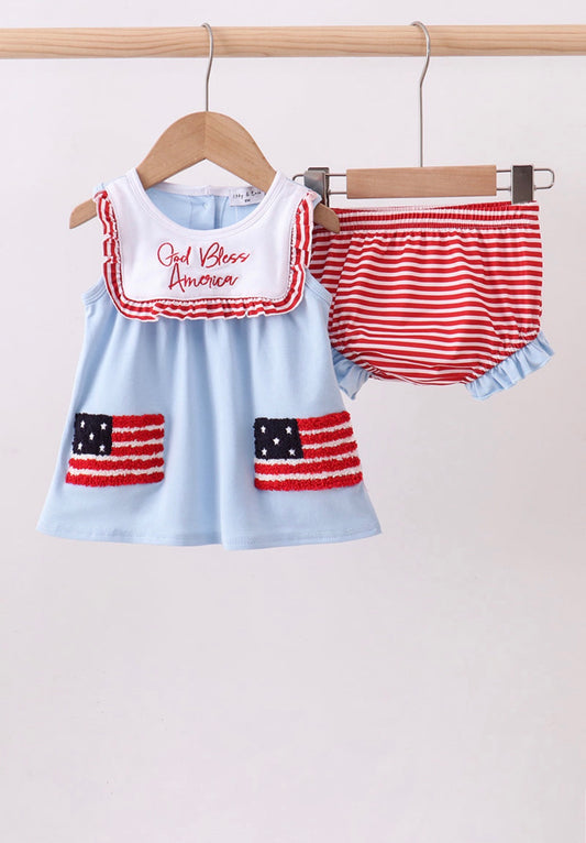 Blue God Bless America flag french knot ruffle bloomer set