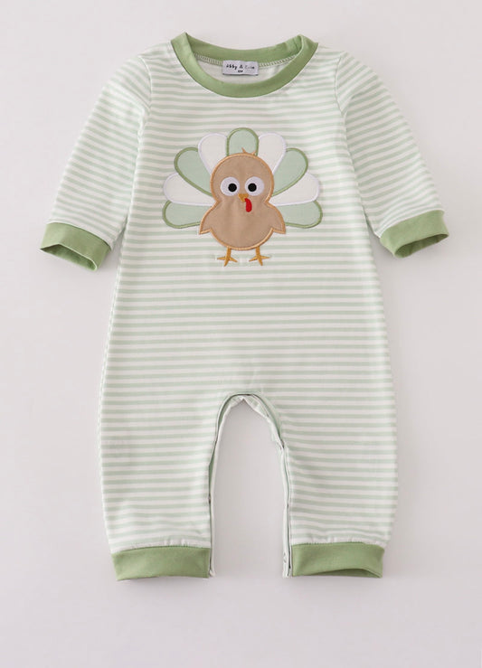 Sage Turkey Appliqué Stripe Boy’s Romper