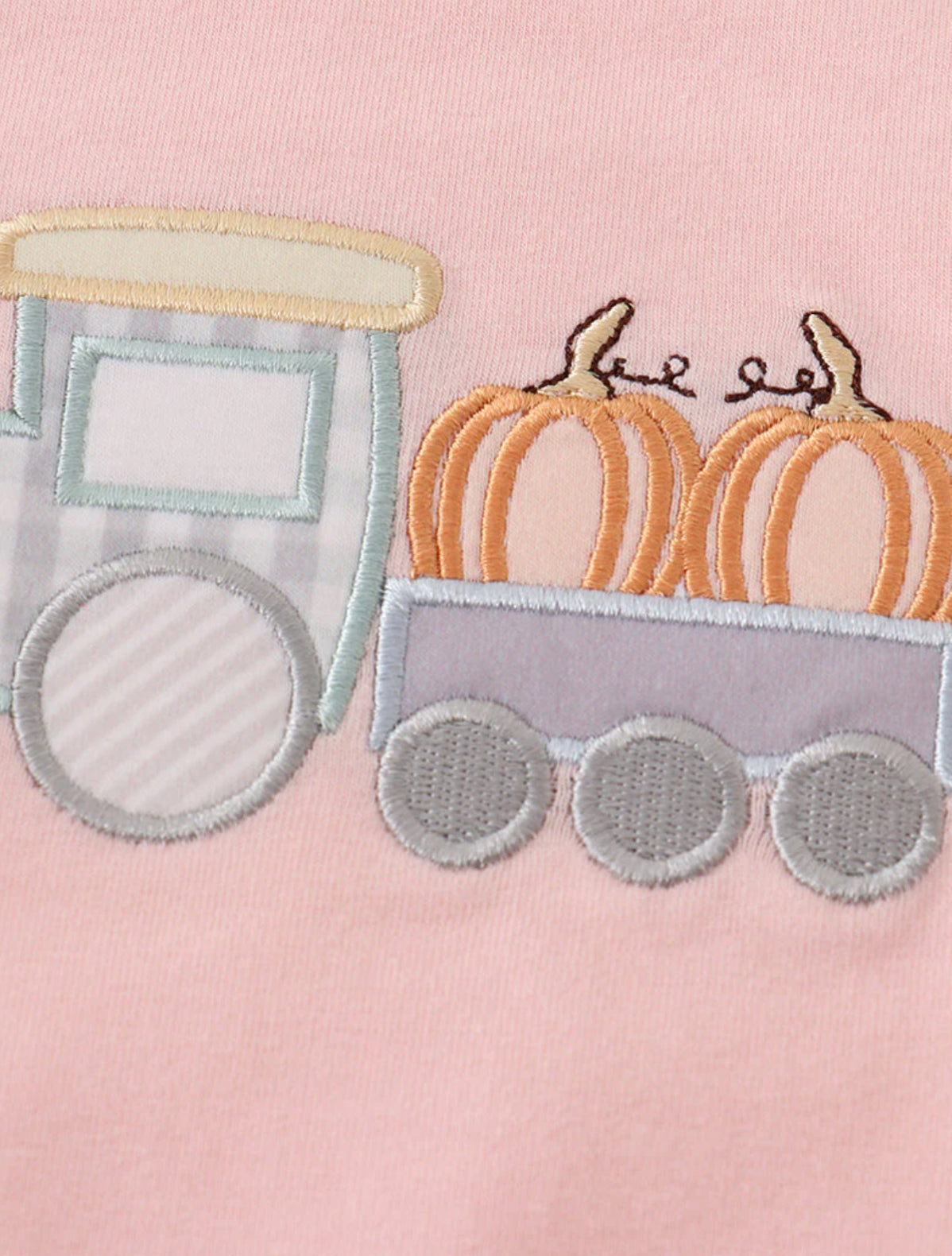 Beige train pumpkin appliqué girl bubble