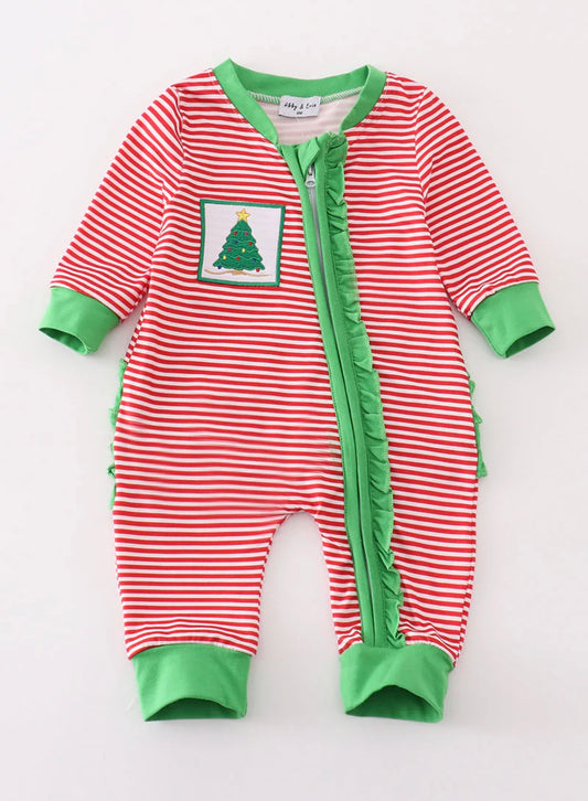 Red Stripe Christmas Tree, Ruffle Girl Romper ￼