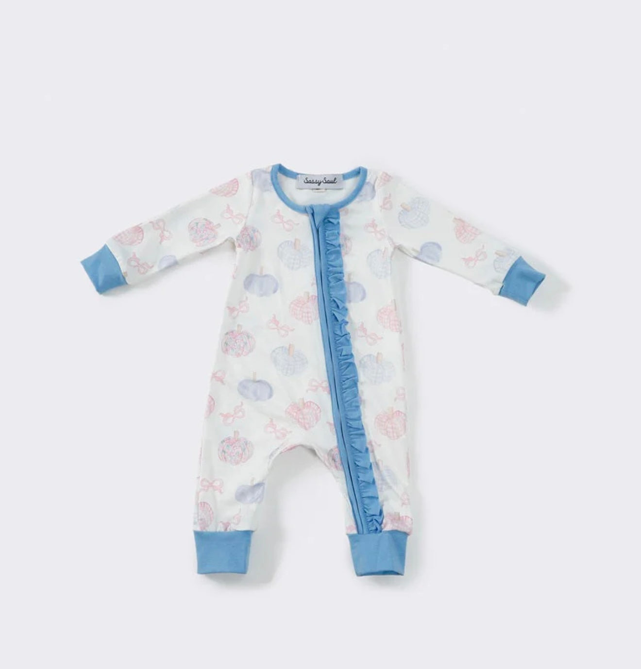 Blue pumpkin print girl romper