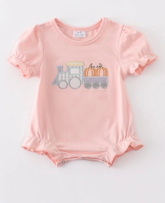 Beige train pumpkin appliqué girl bubble