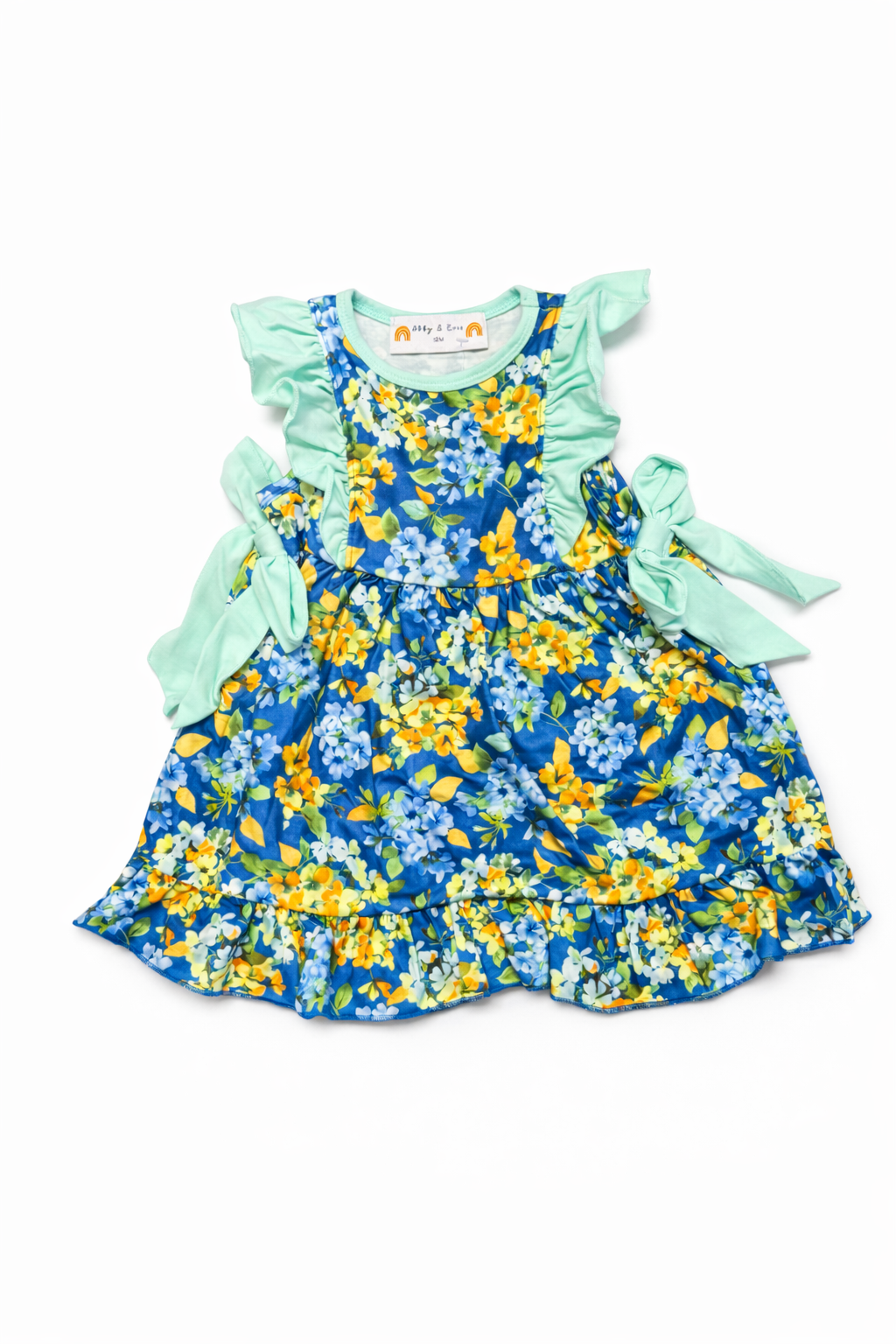 Blue floral ruffle bow dress